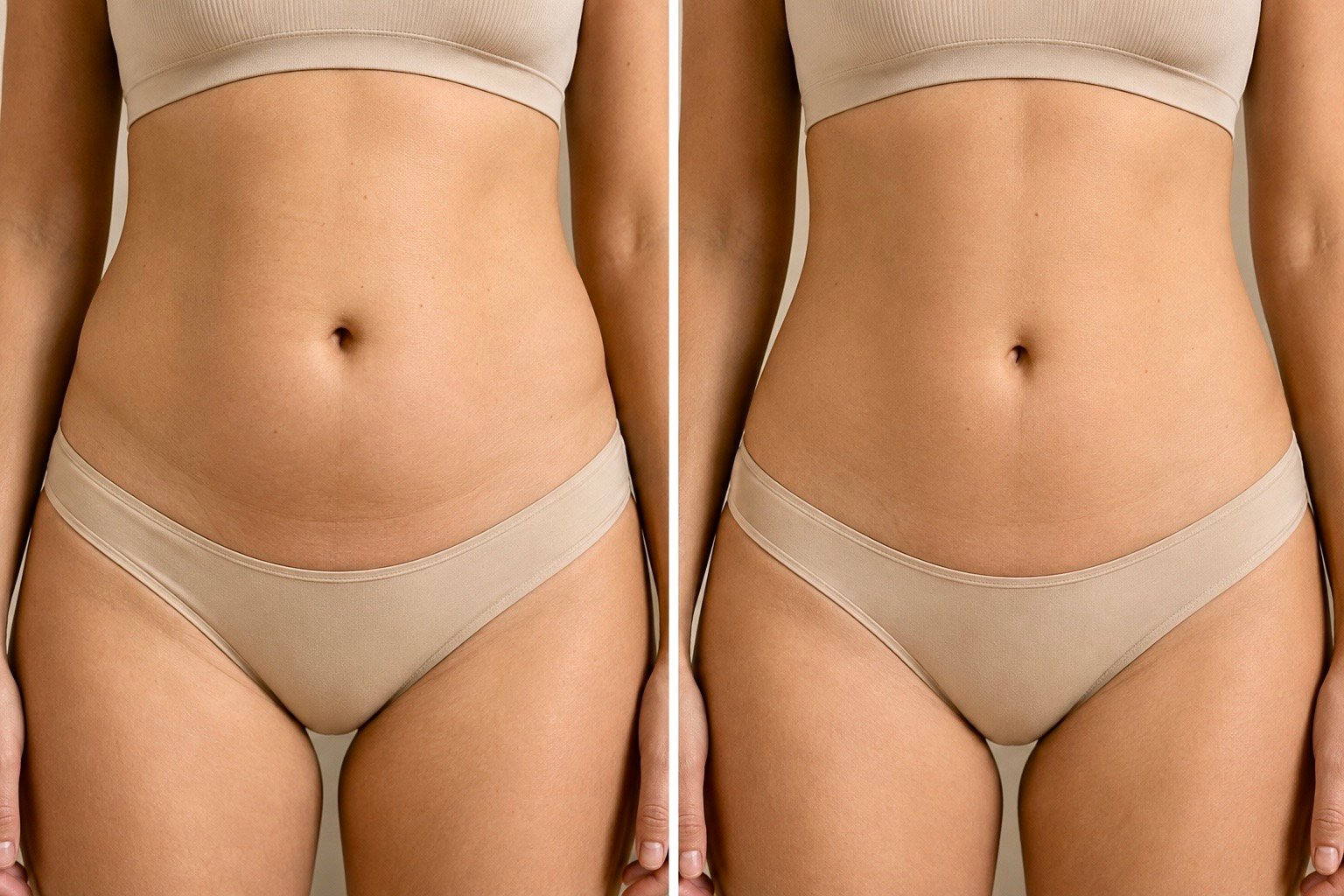 Before and after maderotherapy: abdominal area, front view — visible contouring results